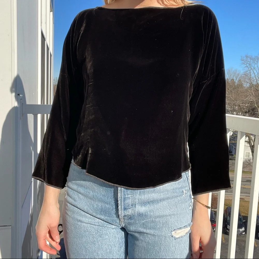 Zoran Velvet Top Vintage Silk Chocolate Brown Dolman Sleeve Boatneck Blouse - Picture 3 of 9